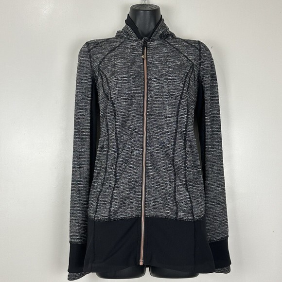 LULULEMON Daily Practice Hooded Jacket Heathered Herringbone Black Gray Size 4 - Picture 1 of 12
